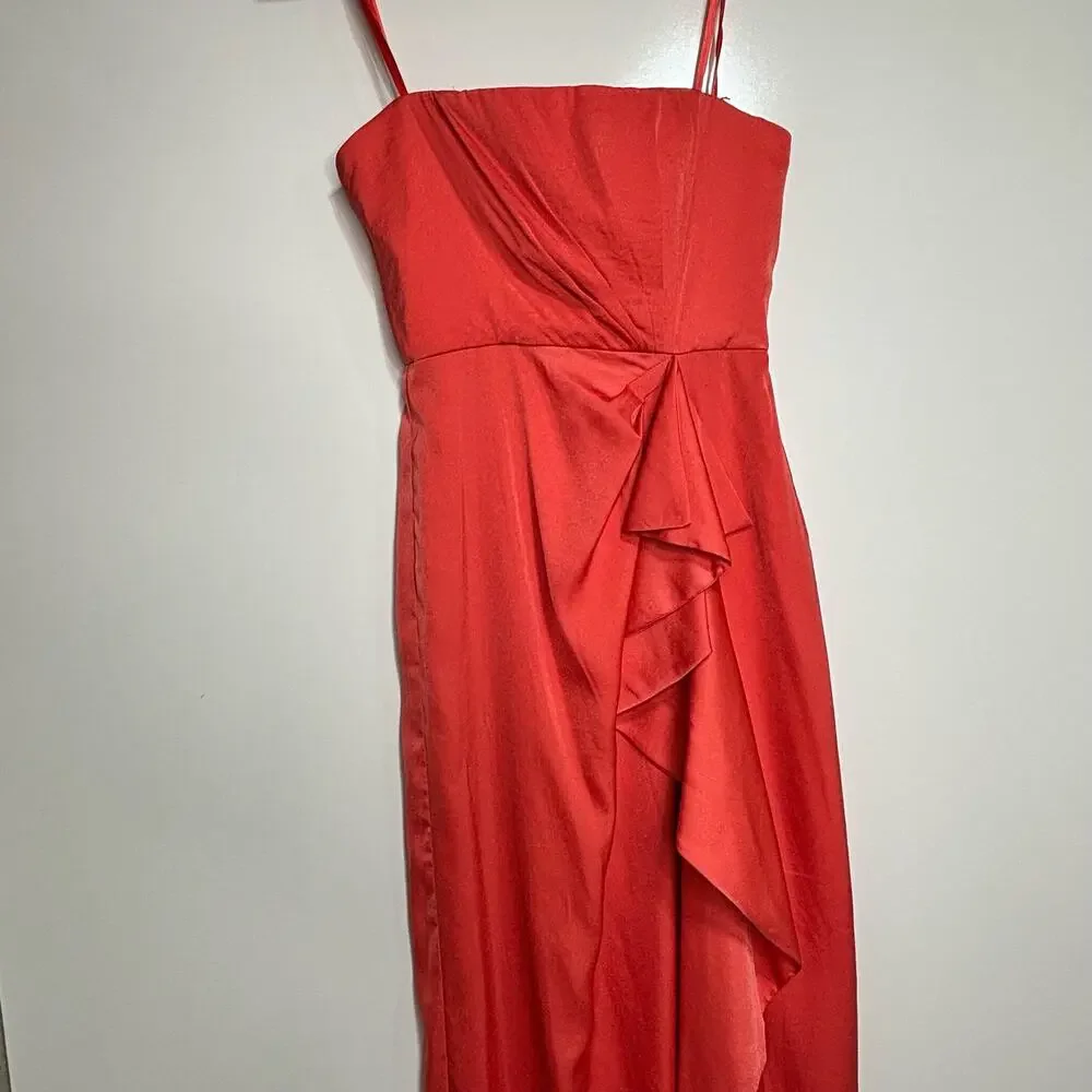BCBG MaxAzria Ila Strapless Coral Satin Evening Dress Draped 0